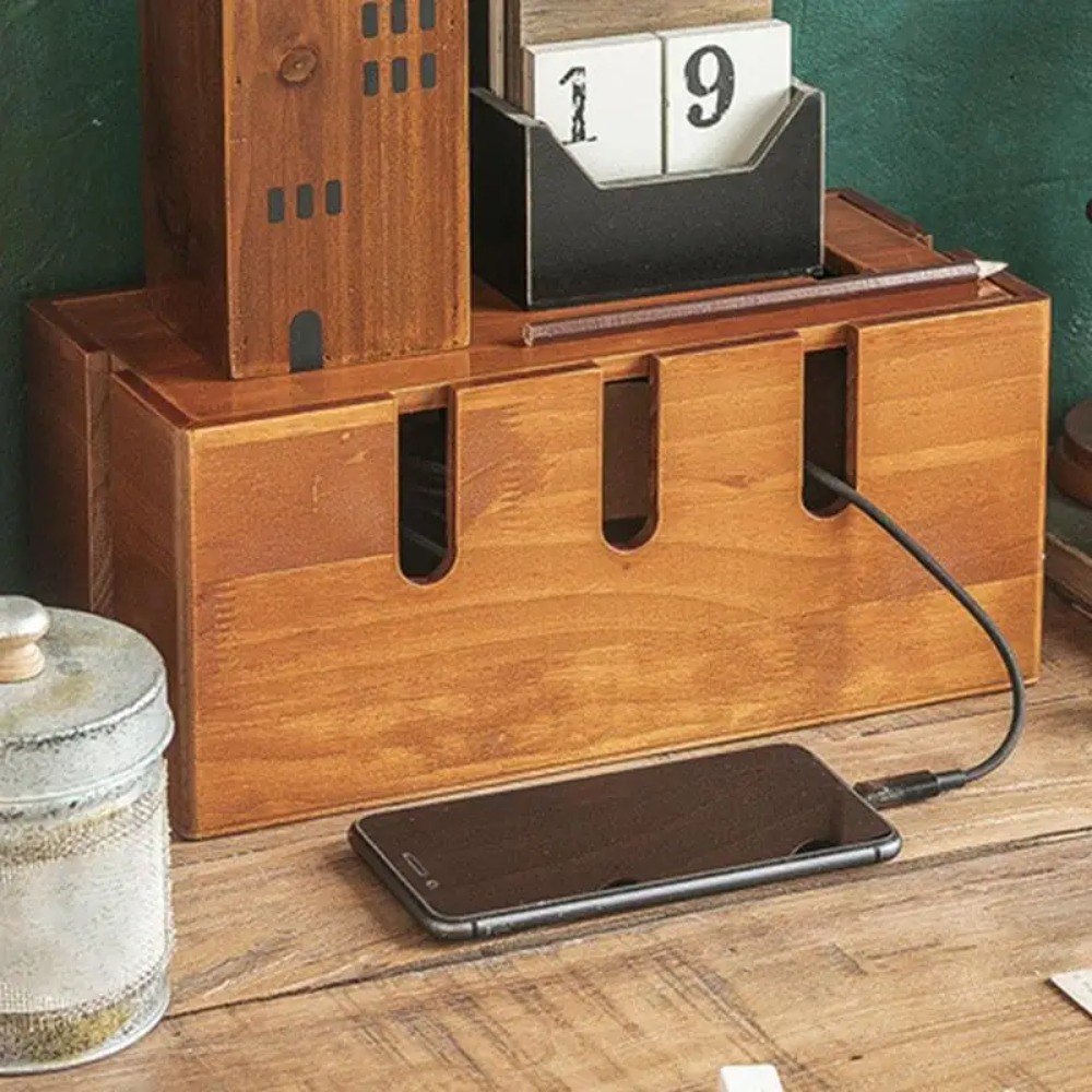 Surge Protector Rack - Wood Cable Organizer Box for Extension